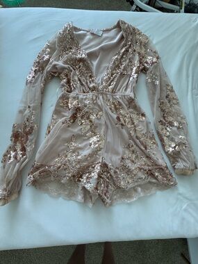 L'ATISTE by Amy Blush Gold Sequin Trim Long Sleeve Romper